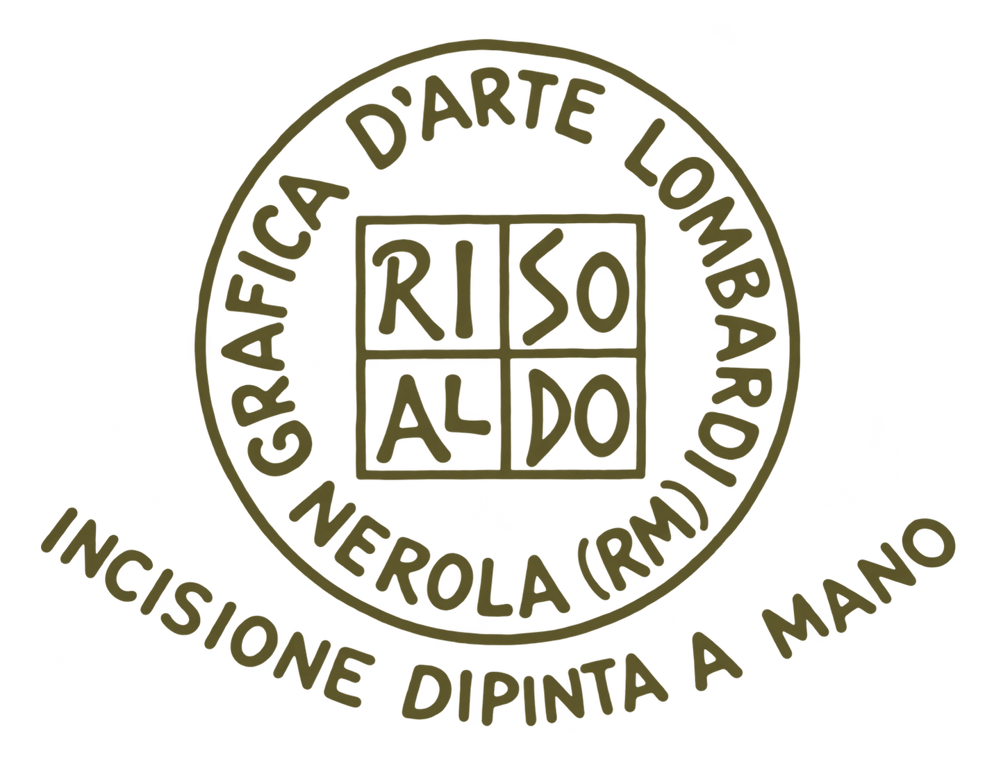 Timbro Grafica d’Arte Lombardi, Nerola (RM), Riso Aldo — incisione dipinta a mano